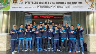 Kontingen Porwanas PWI Kaltim berlaga dalam perhelatan Pekan Olahraga Wartawan Nasional (Porwanas) XIII Jatim 2022 21-27 November. (nalarnews)